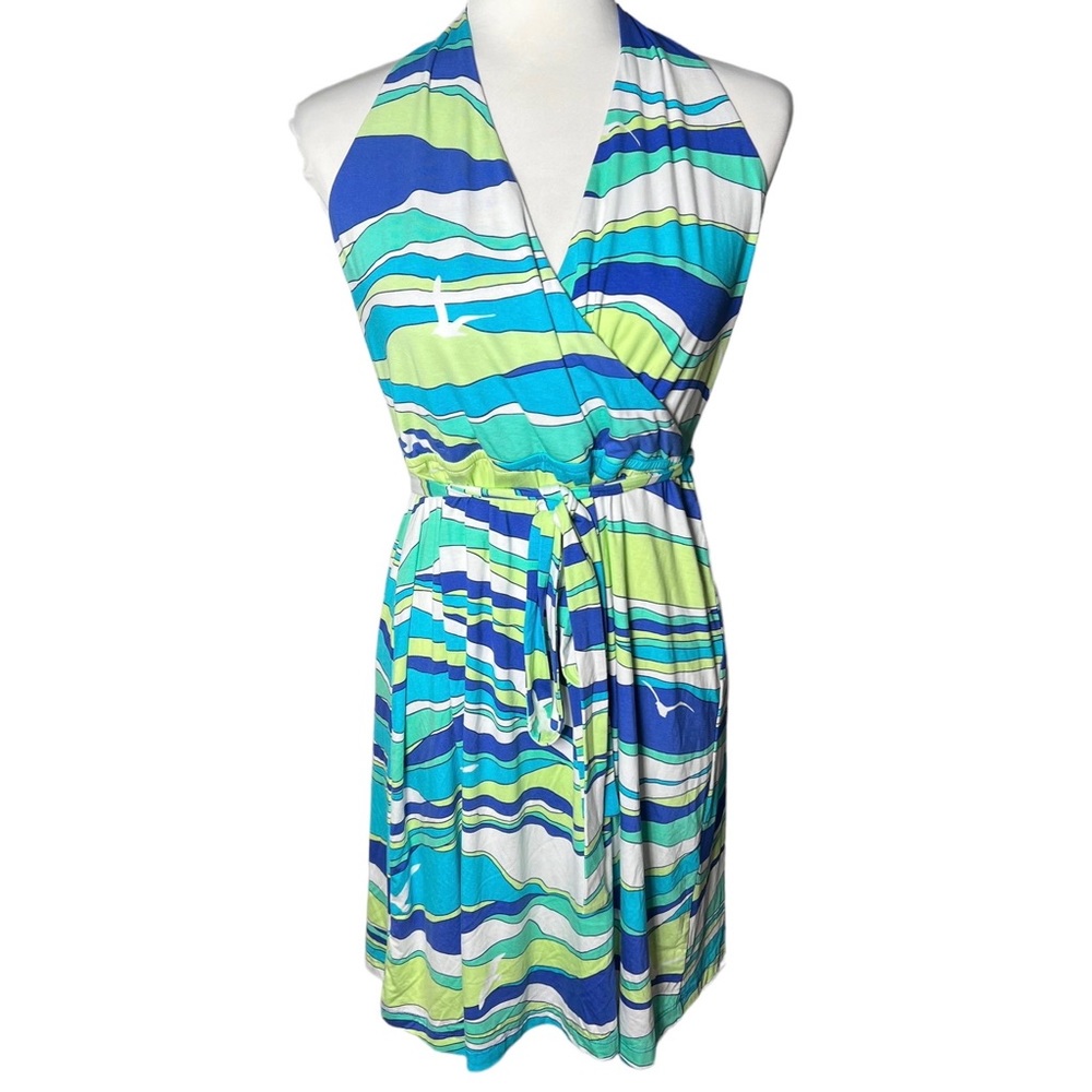 Tori Richard Blue and Green Halter Dress
